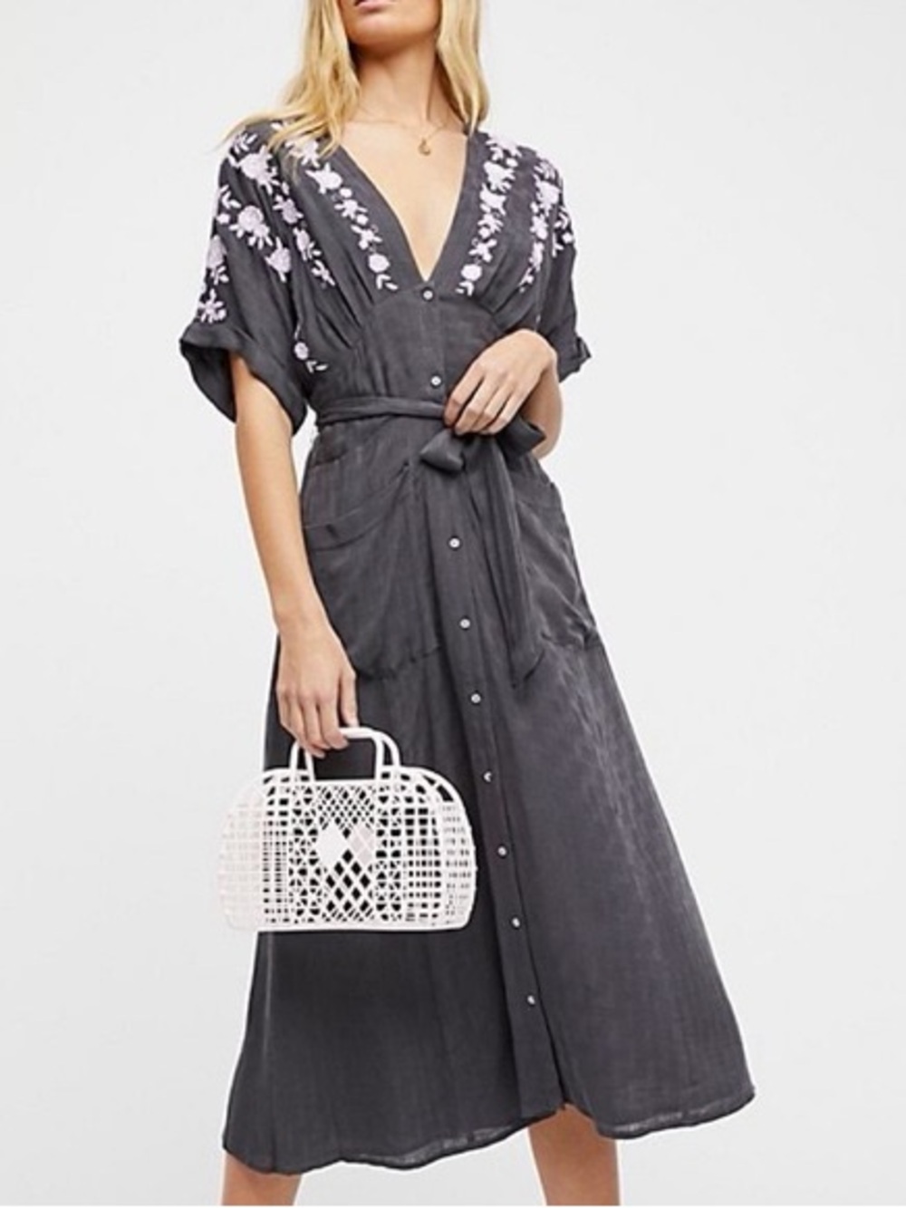 Free People Charcoal Midi Dress with Lavender Embroidery